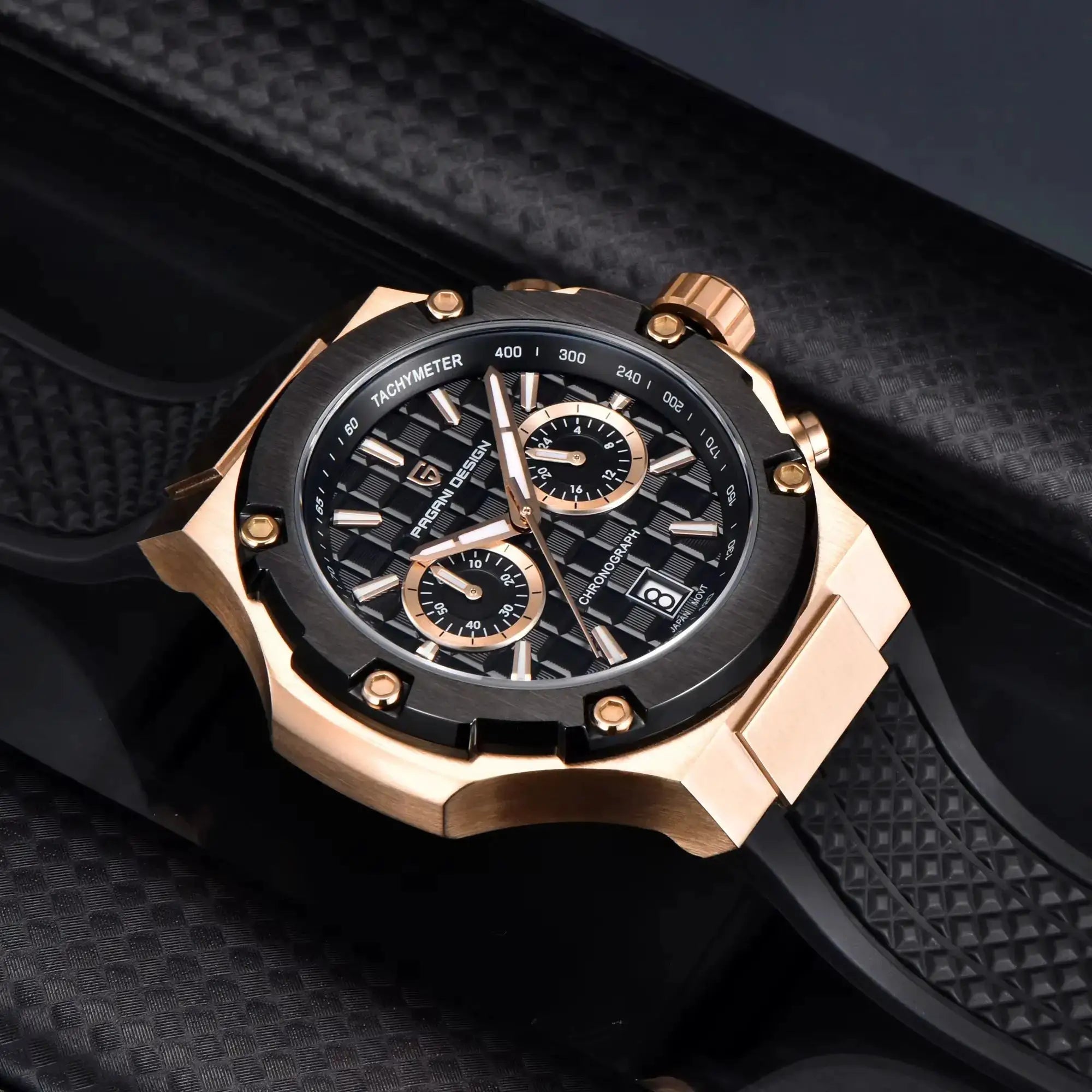 PAGANI DESIGN men's watch, rose gold case, black chronograph dial, fluororubber strap