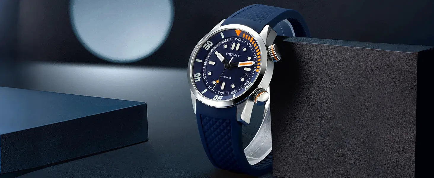 BERNY automatic dive watch for men with blue dial, blue silicone strap, stainless steel case and orange accents