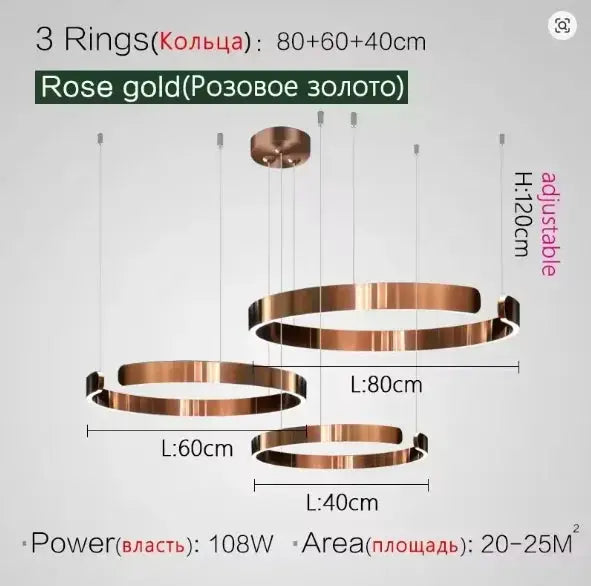 Three-ring rose gold ceiling chandelier pendant lamp by Simples Market, adjustable-height LED fixture