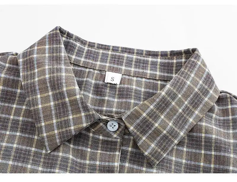Women's brown-gray plaid shirt with a classic collar, button-front closure; lightweight vintage-inspired casual top