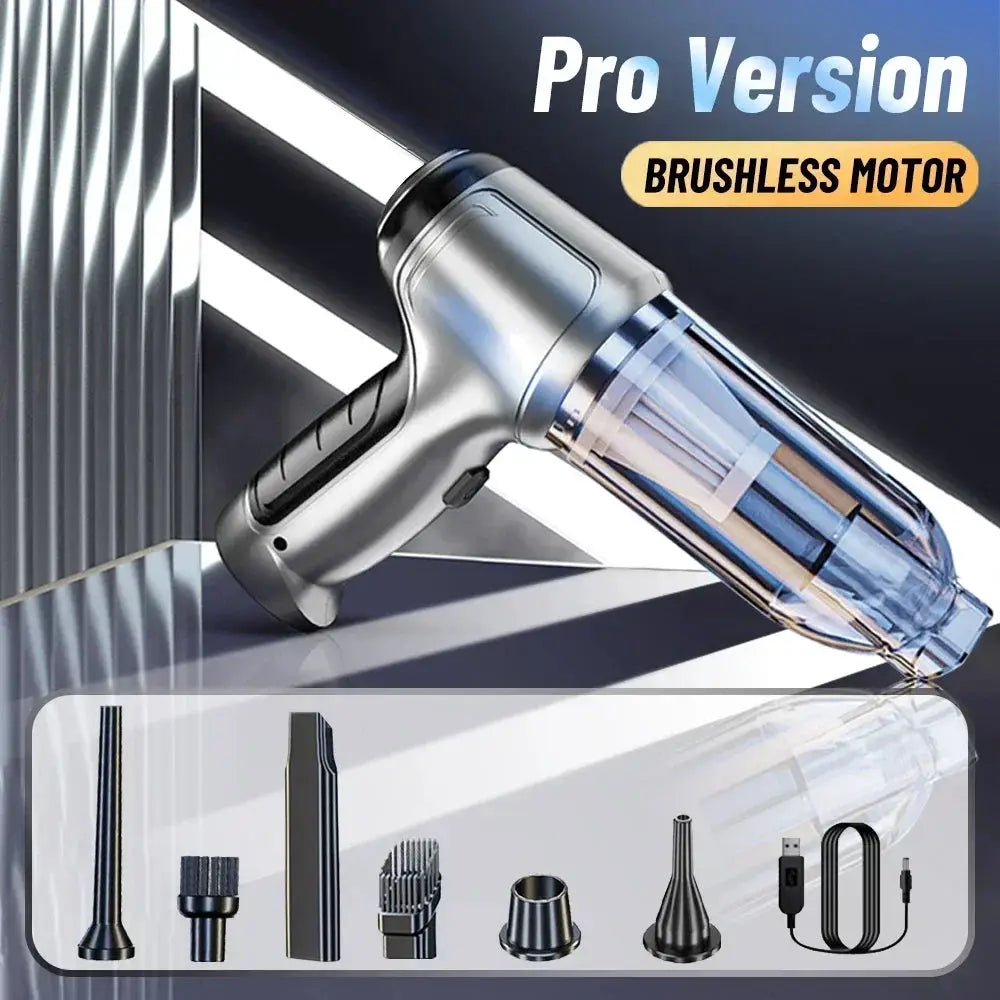 Cordless car vacuum cleaner by Simples Market, 95000PA, brushless motor, pro version, blue canister with attachments.