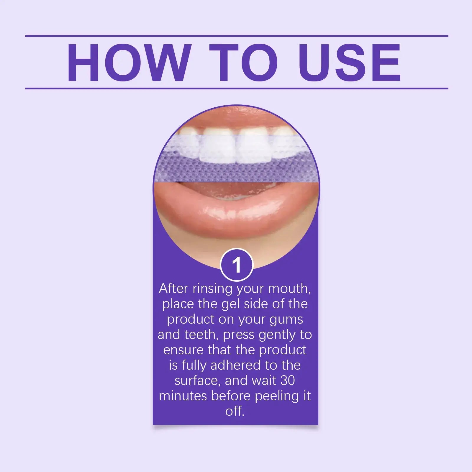 Teeth whitening strips kit by Simples Market on purple packaging with how-to-use diagram