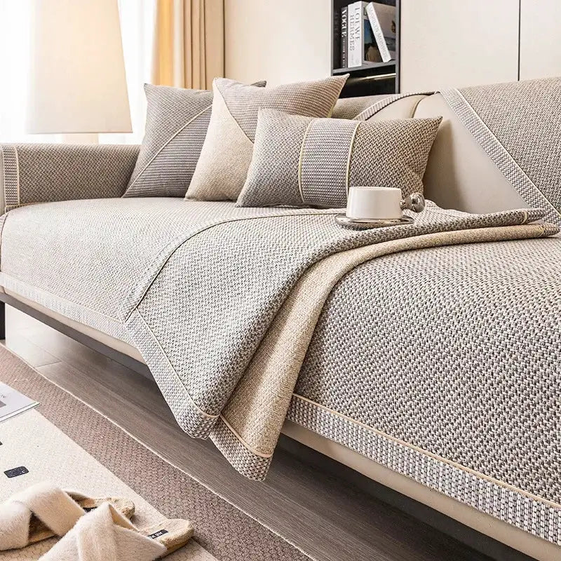 Linen sofa cushion set by Simples Market with woven cotton cover in beige-gray, non-slip on a modern sofa