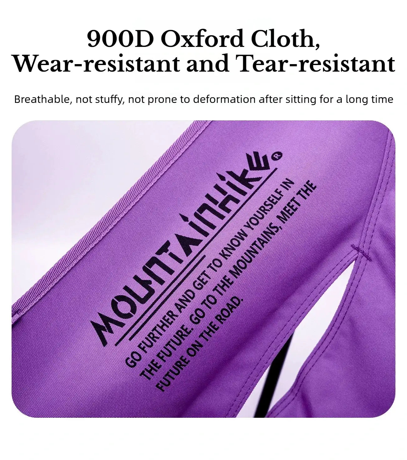 Foldable camping chair fabric in purple; close-up of canvas and stitched seams