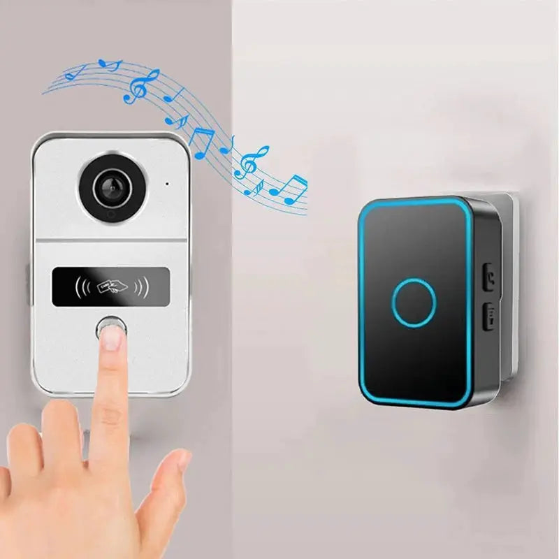Tuya Smart 1080P doorbell camera kit; silver front unit and black lock module with blue LED edge (two devices)