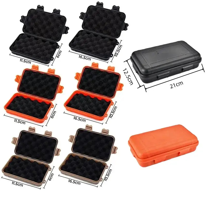 Simples Market outdoor waterproof sealed survival box set with foam inserts in black and orange, multiple sizes.