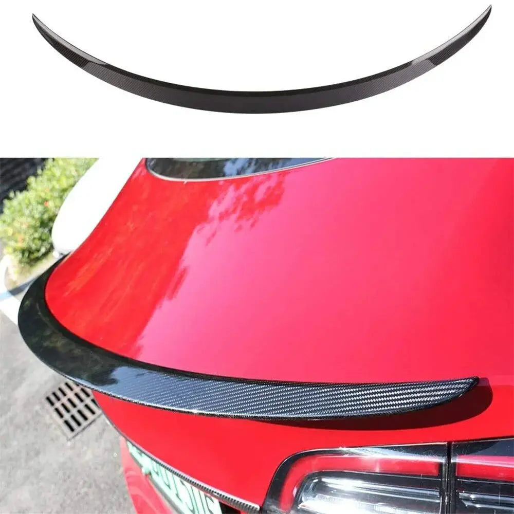 Carbon fiber rear spoiler lip for Tesla Model 3/Y (2017–2023); sleek black finish