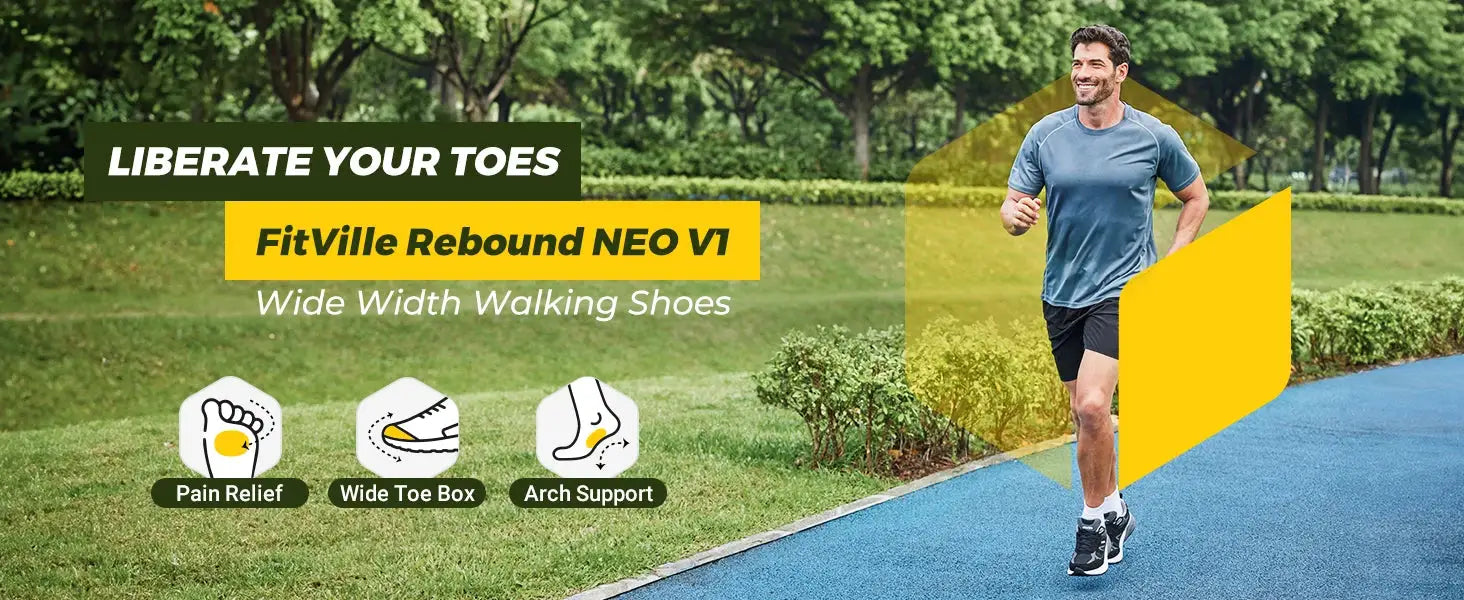 FitVille Rebound NEO V1 men's walking shoes, black/white, wide width with arch support