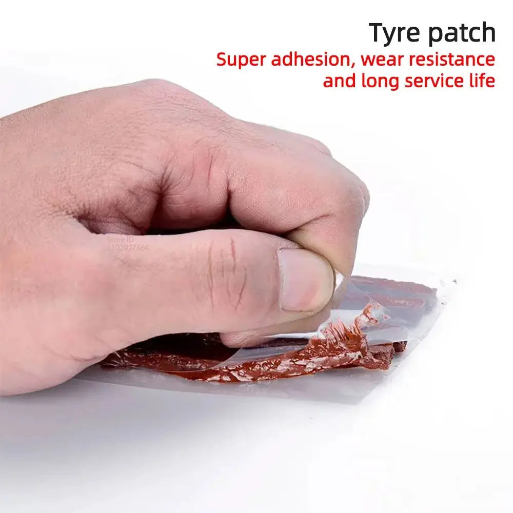 Simples Market ZFOUEK tire repair kit with red puncture strips; hand peeling open patch packet.