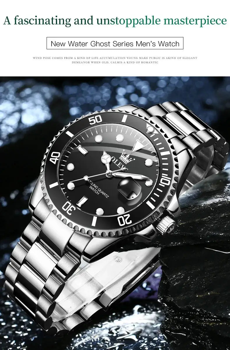 OLEVS men's stainless steel diving watch with black dial and bezel, waterproof quartz