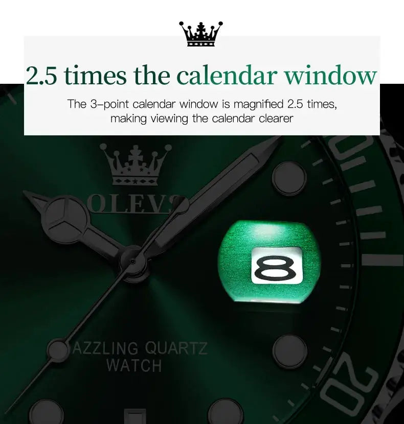 OLEVS men's diving quartz watch with stainless steel case, green dial and date window