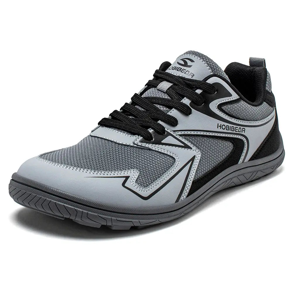 HOBIBEAR barefoot minimalist sneakers, unisex wide-width gray and black outdoor running shoes.