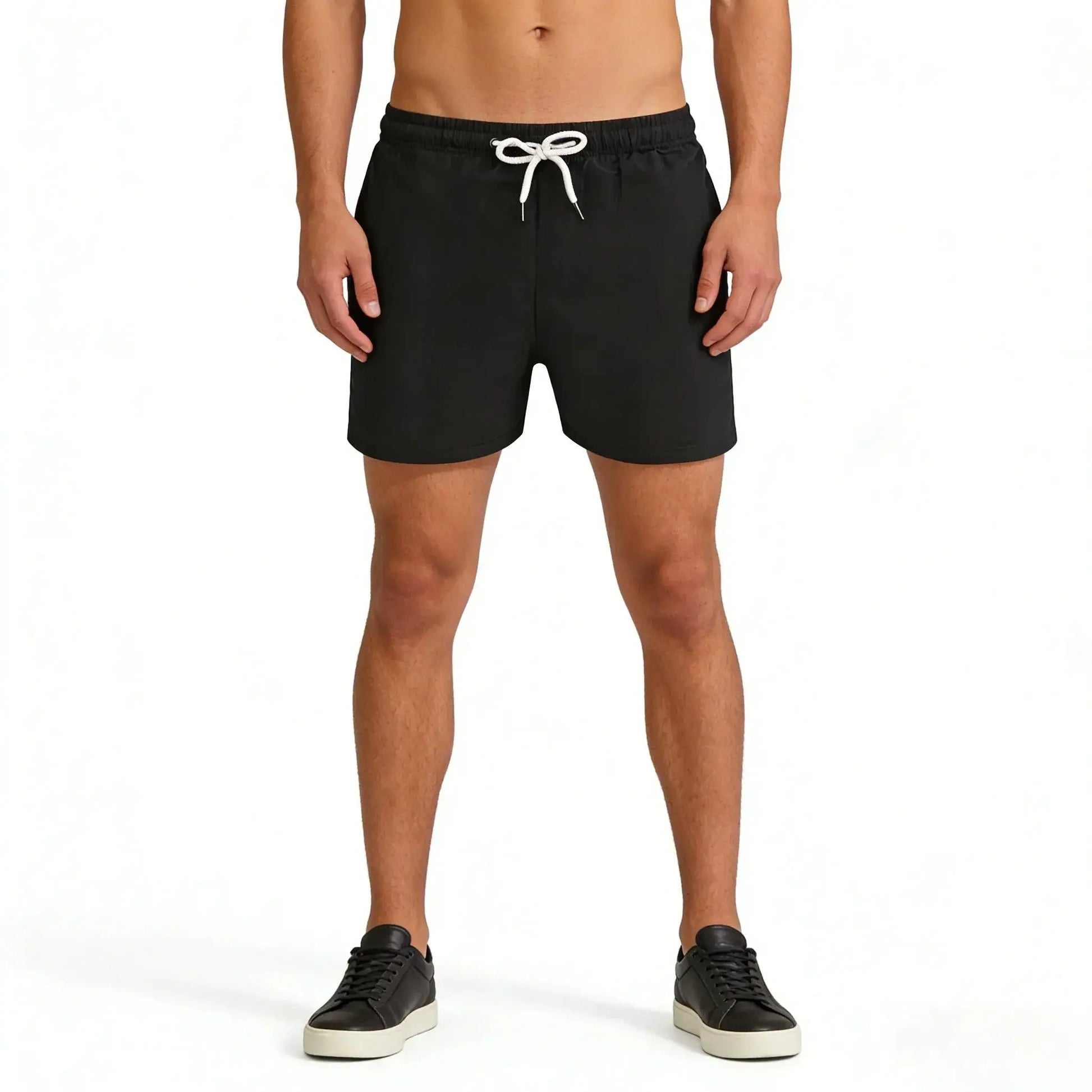 Men's black swim trunks with white drawstring, elastic waist and mesh lining.