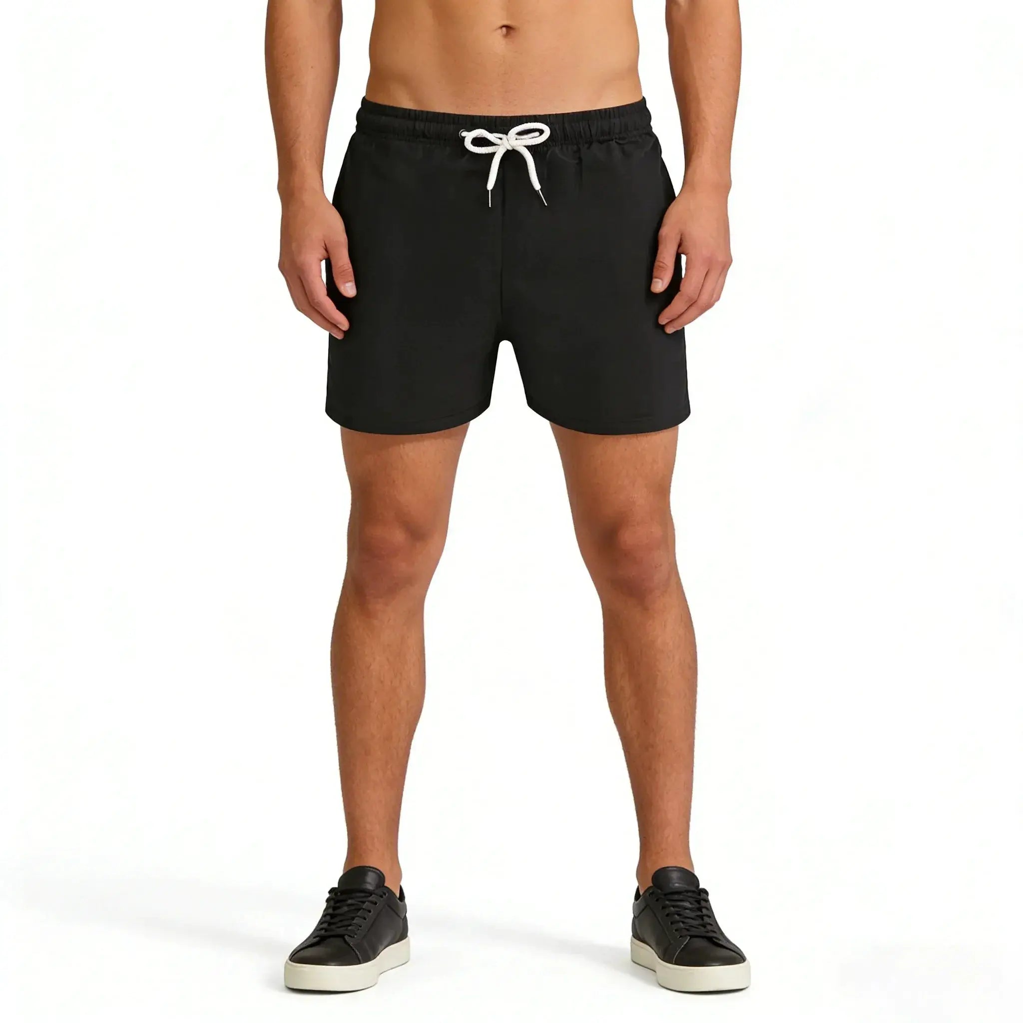 Men's black swim trunks with white drawstring, elastic waist and mesh lining.