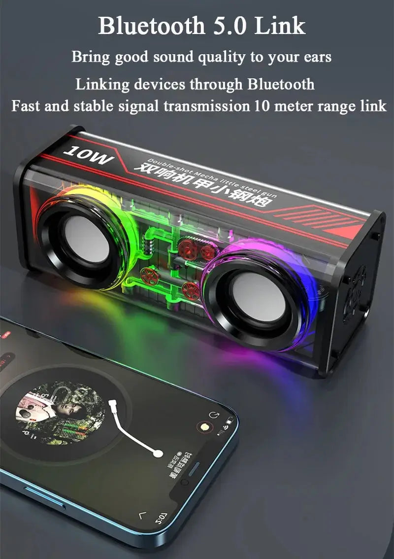 V8 Transparent Mecha Bluetooth 5.0 speaker with dual drivers and RGB lighting by Simples Market