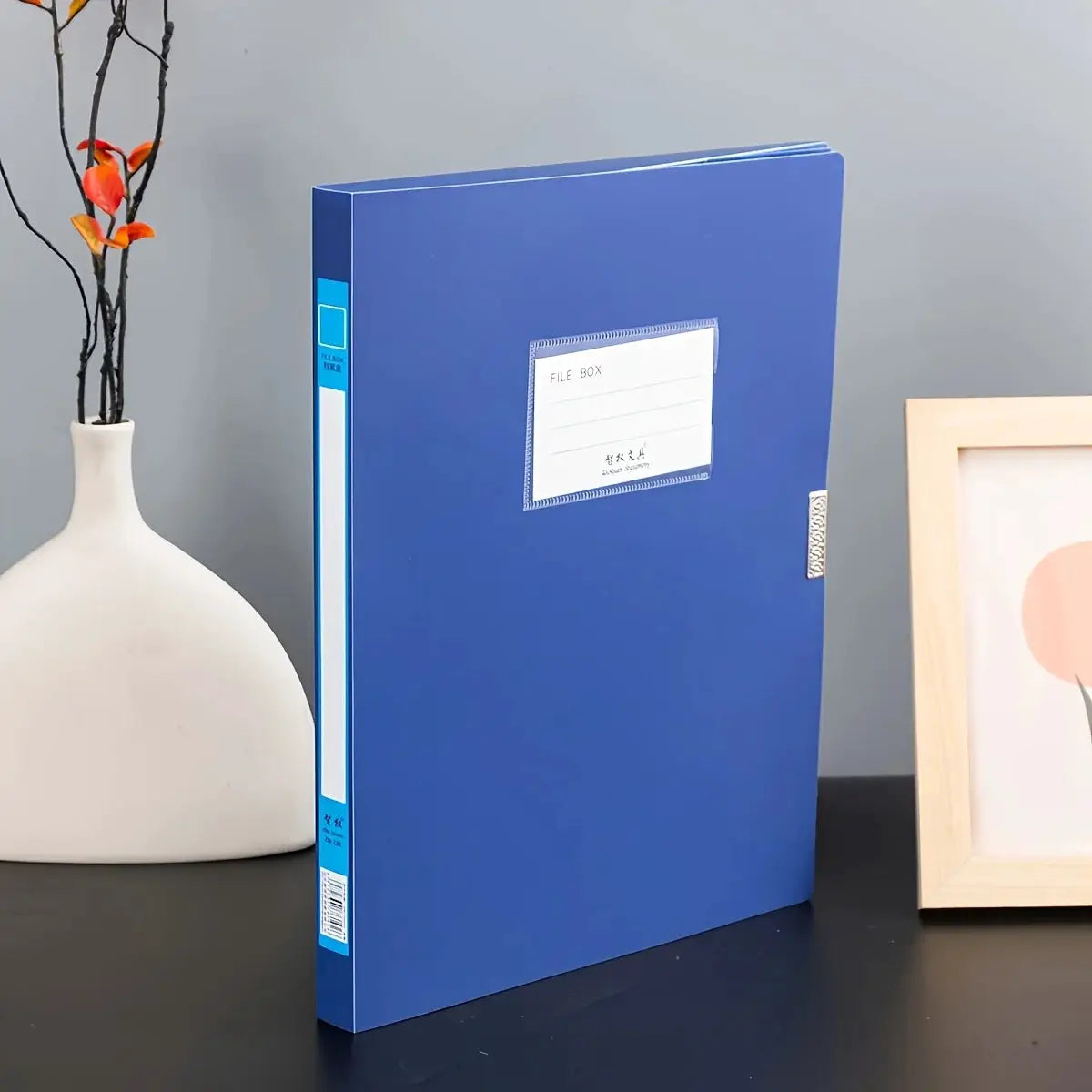 Blue A4 foldable file folder binder with front label pocket, large-capacity PP document storage