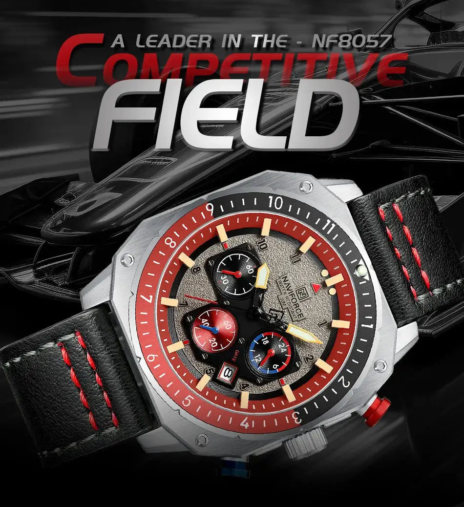 NAVIFORCE men's sports multifunction watch; red bezel, black leather strap with red stitching, luminous dial