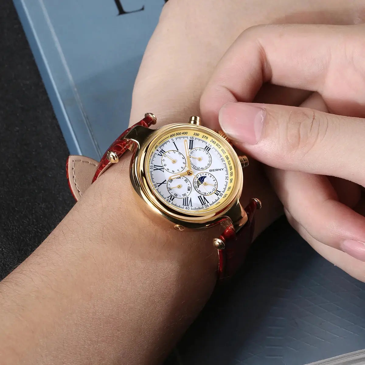 BERNY Retro Automatic Men's Watch with sun & moon phase, gold-tone case and brown leather strap