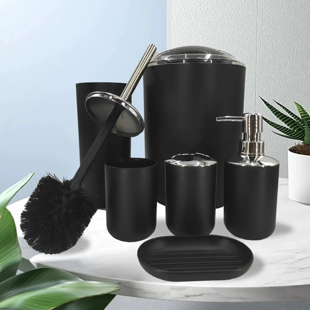Simples Market matte-black bathroom set with chrome accents; 6-piece including soap dispenser and toothbrush holder.