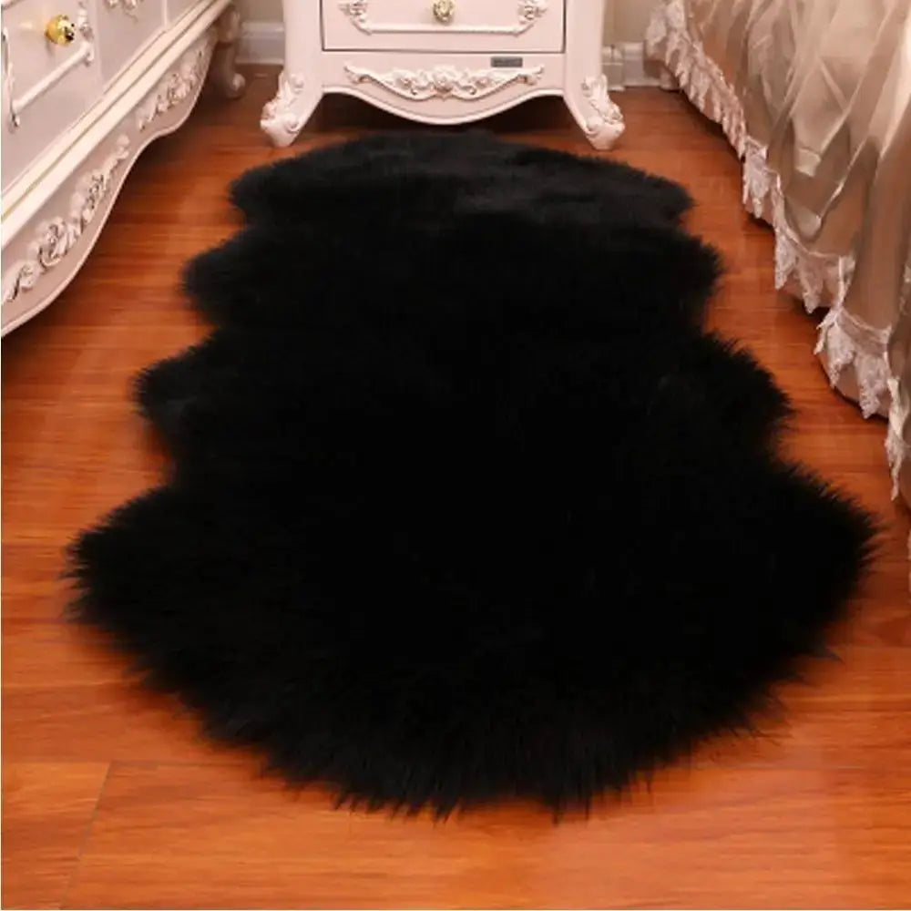 Artificial sheepskin long-hair rug, black fluffy shaggy floor mat for home decor