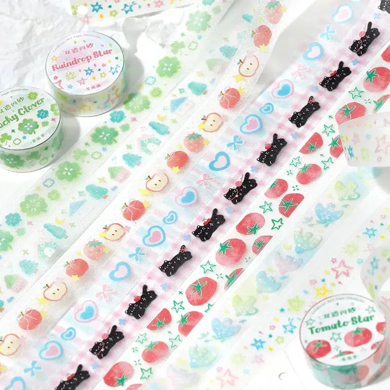 Decorative washi tapes set with pastel hearts, stars and fruit motifs for junk journaling