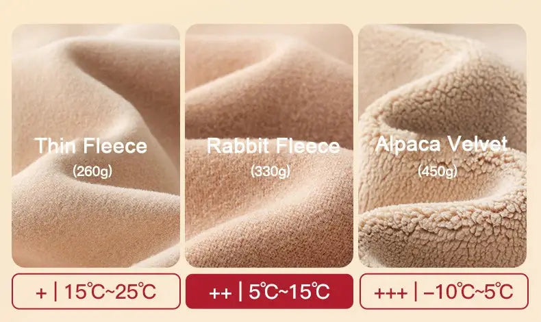 BIVIGAOS leggings fleece options: three beige textures Thin Fleece, Rabbit Fleece, Alpaca Velvet (260g, 330g, 450g)