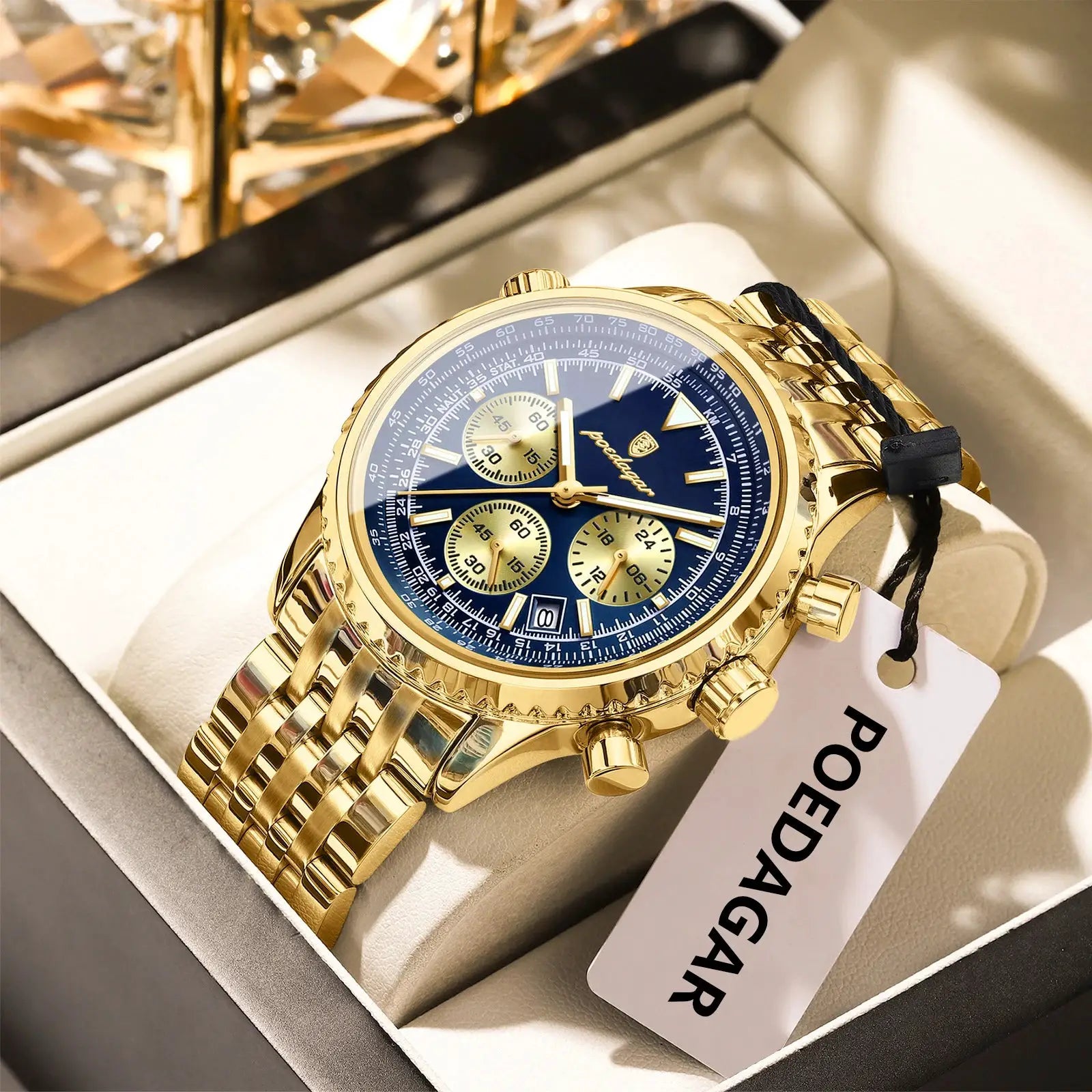 POEDAGAR men's gold-tone stainless steel chronograph wristwatch with blue dial