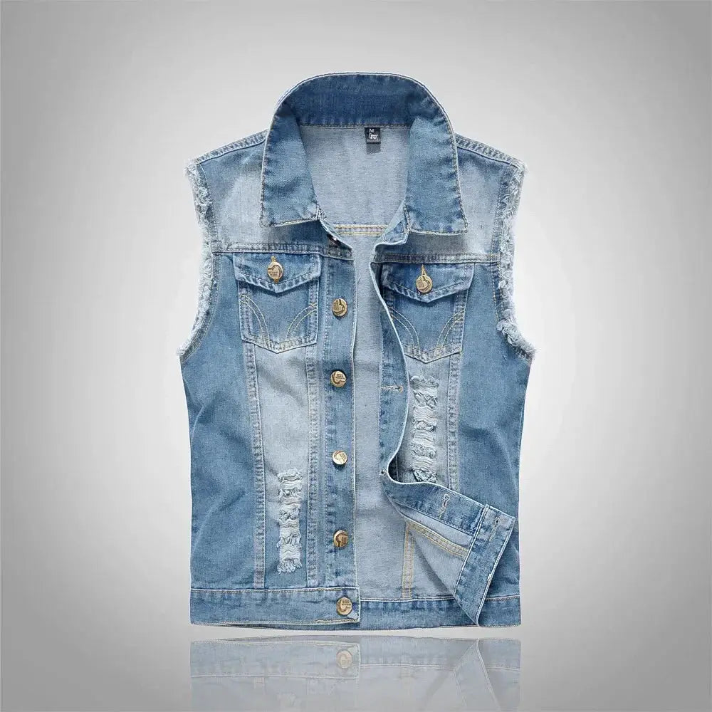 Men's denim sleeveless vest in blue distressed wash with frayed armholes, button-front and chest pockets