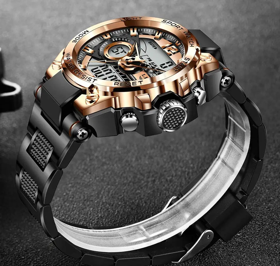 LIGE men’s digital LED sport watch with rose-gold bezel, black metal band, 50m water resistant