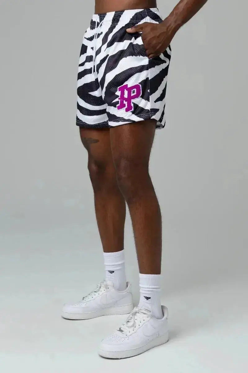 Men's zebra-print mesh shorts with pink logo on left leg; quick-dry, breathable athletic shorts.