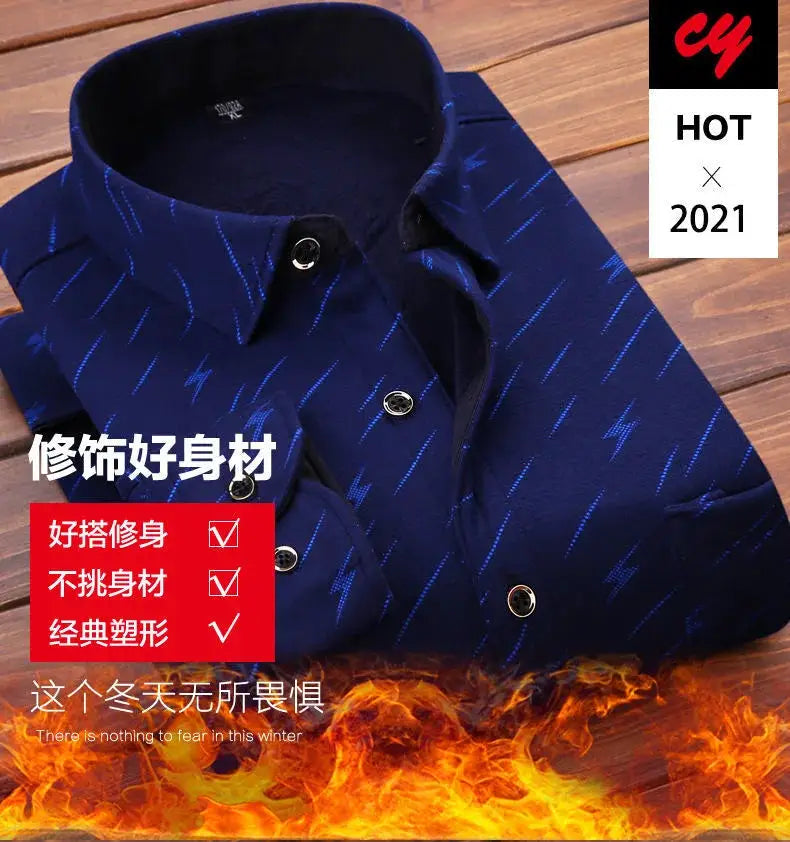 Men's navy blue plaid long-sleeve shirt, warm thick fabric, casual winter top