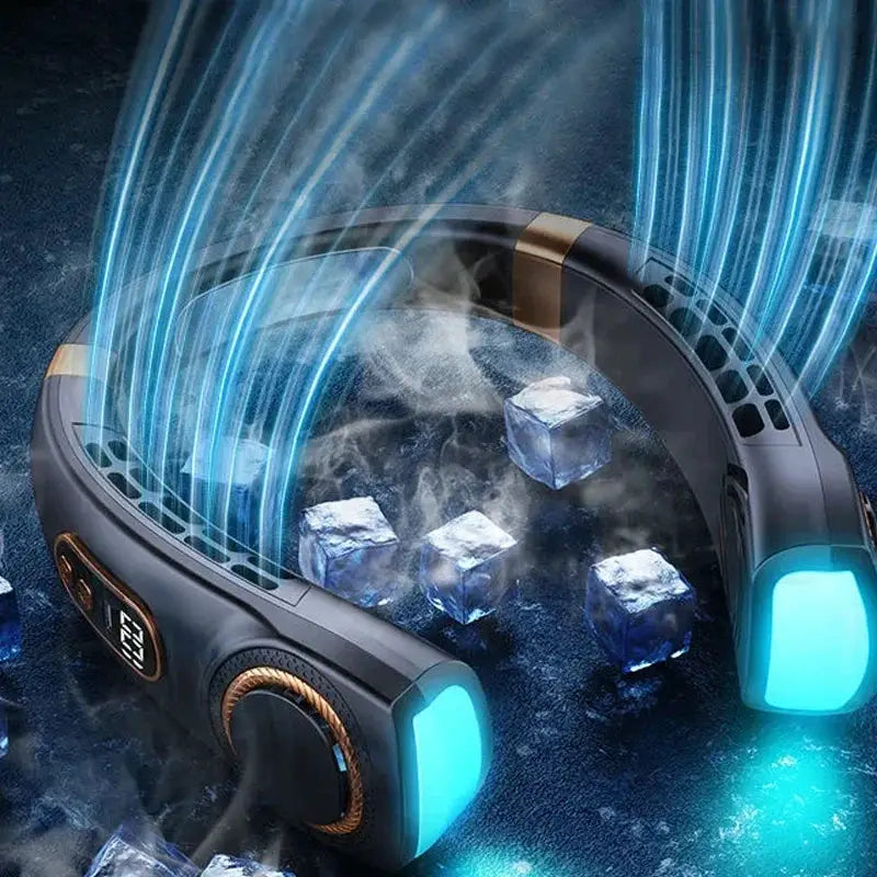 JKUOO portable neck fan by Simples Market, bladeless with LED blue glow and 4 cooling plates, USB rechargeable 4000mAh.