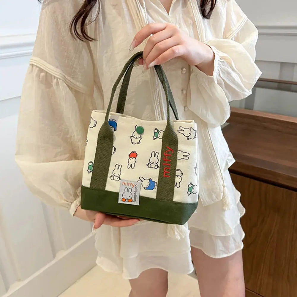 Kawaii Miffy Cute Handbag Cartoon Rabbit Canvas Embroidery Bag Multifunctional Bento Storage For Girls