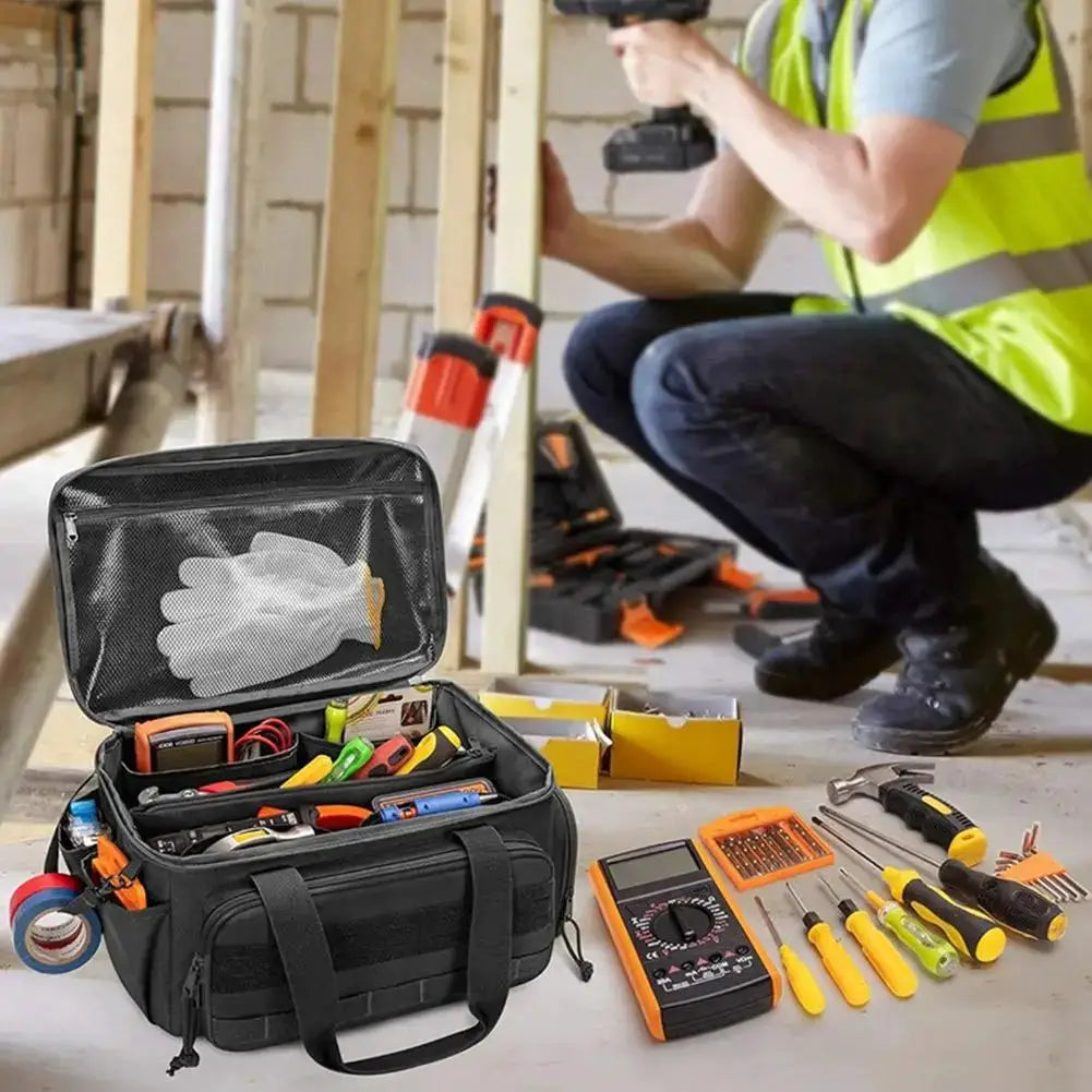 High-capacity tool storage bag, black with thick padded base and comfortable handle; water-resistant.
