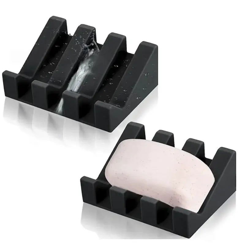 Simples Market silicone soap dish and tilt drain rack, black; 2-piece set with soap bar.