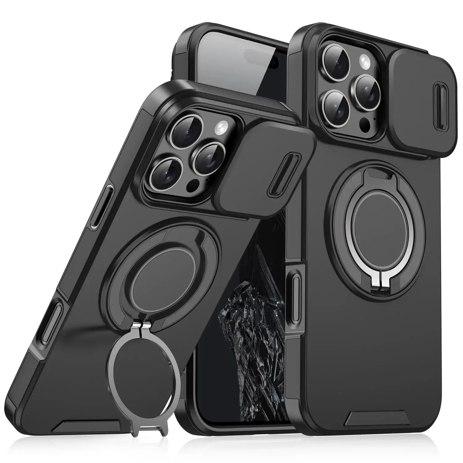 Simples Market rugged magnetic stand case for iPhone with sliding camera cover and built-in kickstand, black