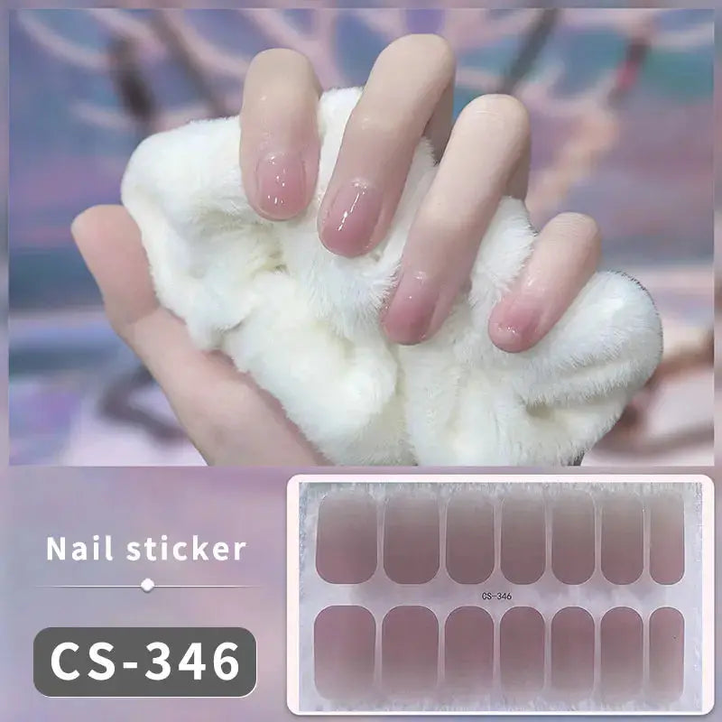 Full-cover nail stickers CS-346 by Simples Market; nude pink glitter, self-adhesive manicure sheet.