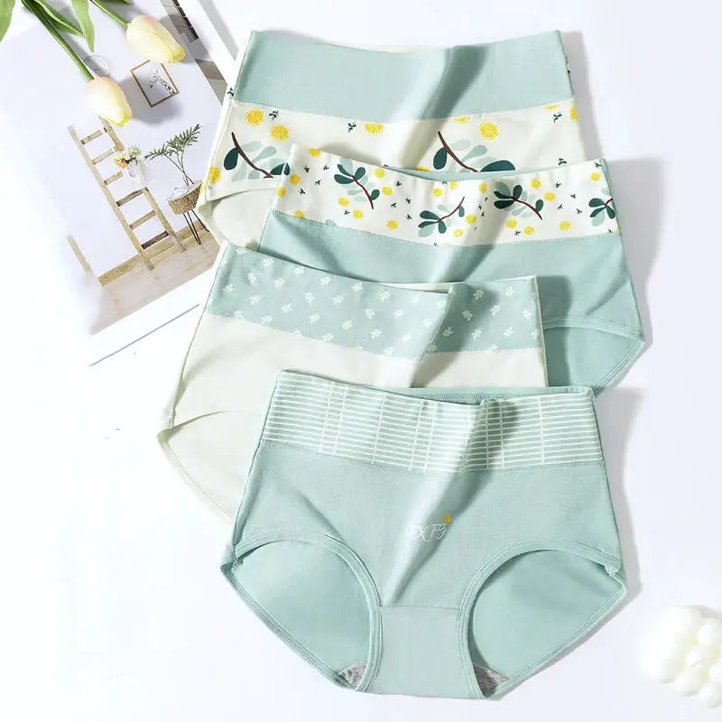 4-pack high-waist cotton women's panties by Simples Market; pastel mint tones with printed patterns