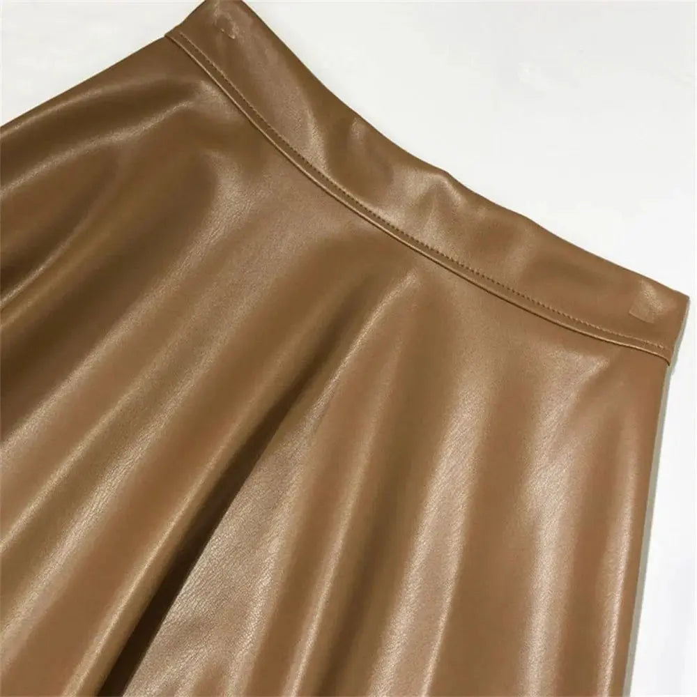 Simples Market Women's PU Leather Midi Skirt, tan brown, high-waist A-line silhouette