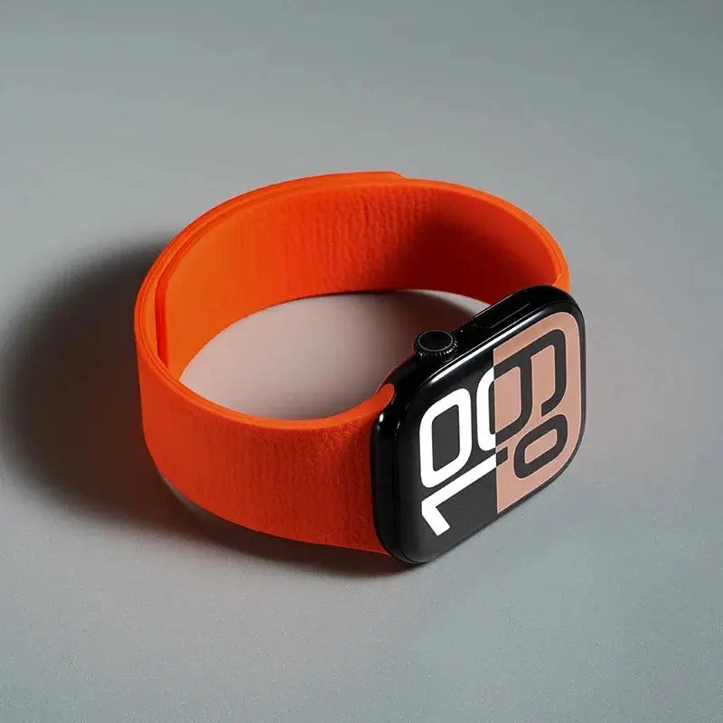 Silicone magnetic strap for Apple Watch, orange band; Simples Market, fits 40–49mm sizes.