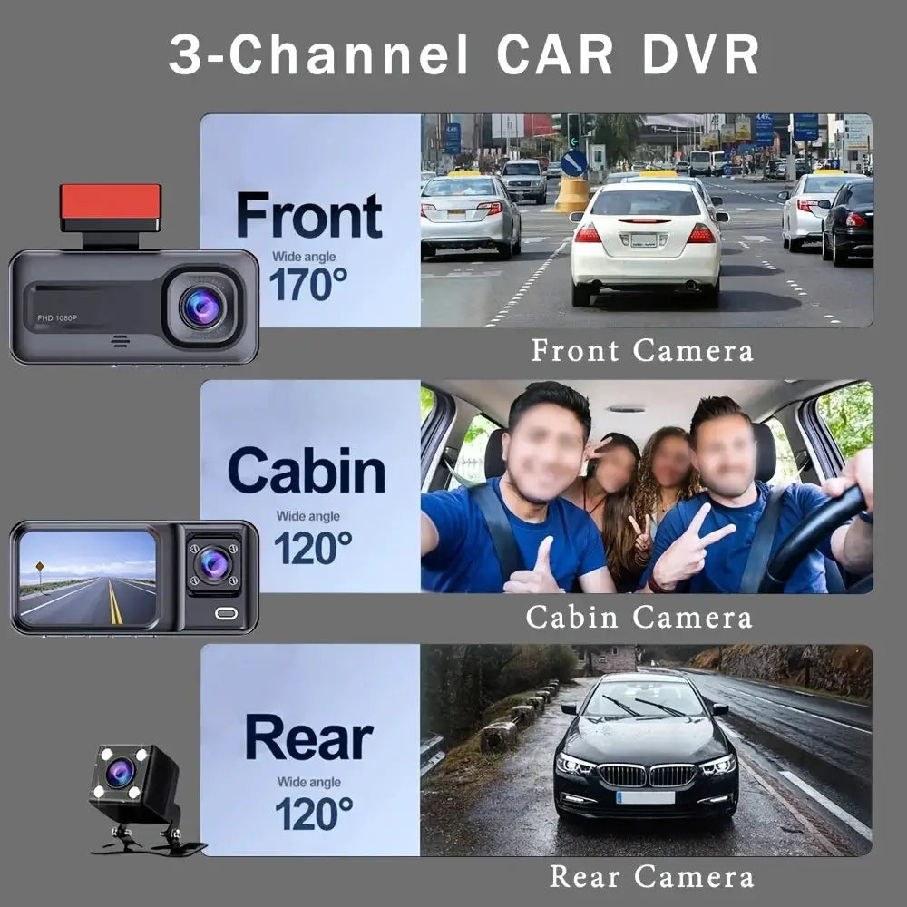 3-channel car dash cam system by Simples Market, black; front, cabin and rear cameras with 1080p video