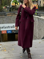 HH Women Burgundy Coat Double Breasted Long Sleeve Lapel Blended Outerwear for Autumn and Winter