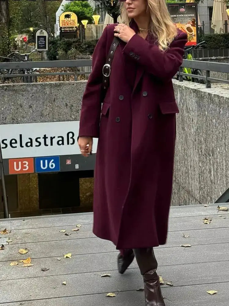 HH Women Burgundy Coat Double Breasted Long Sleeve Lapel Blended Outerwear for Autumn and Winter