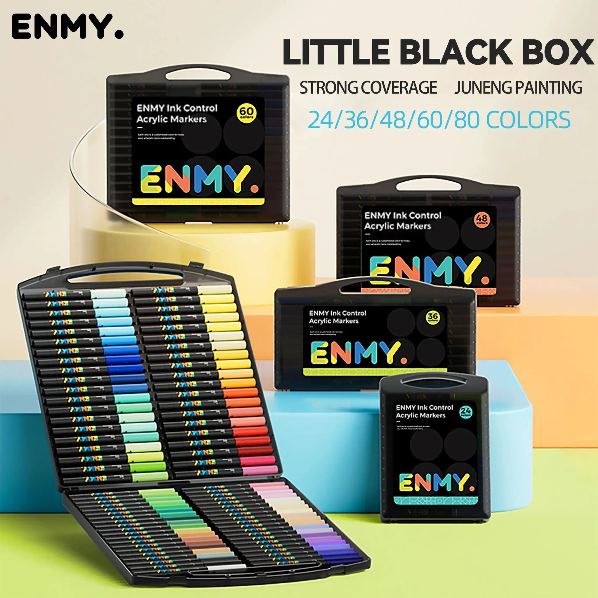 ENMY Acrylic Paint Markers by Simples Market; multiple black cases with soft head tips, 24–80 colors.