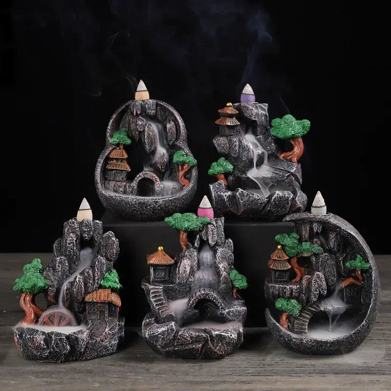 Resin Cascade Backflow Incense Burner With Mountain Waterfall Design For Home Decor And Meditation Gift
