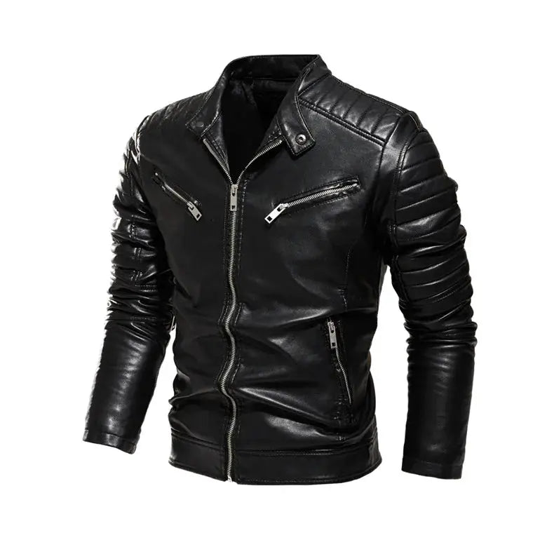 Black leather men's motorcycle jacket with quilted shoulders, dual chest zip pockets, and front zipper.