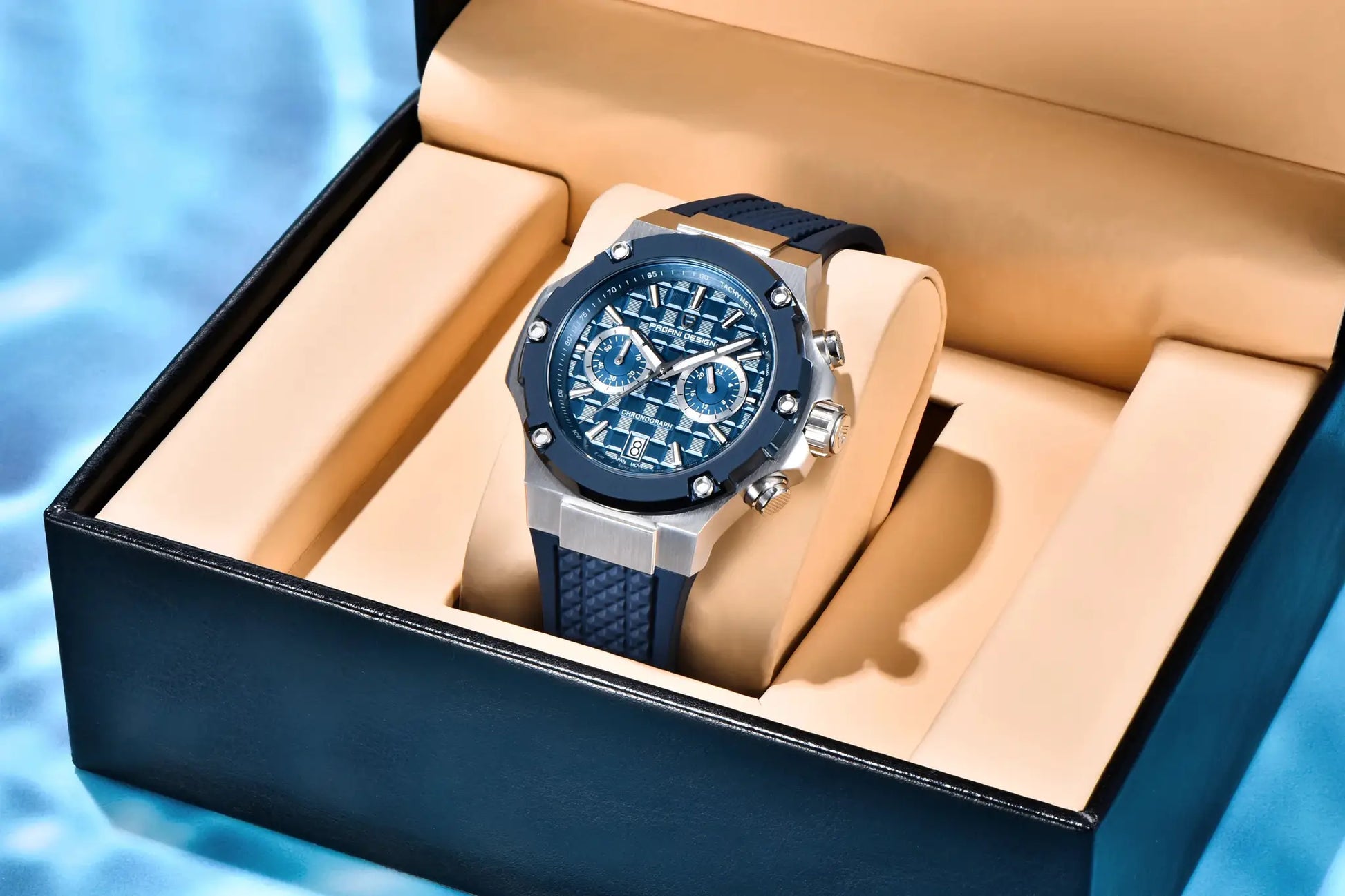 PAGANI DESIGN men's blue chronograph watch with fluororubber strap in presentation box