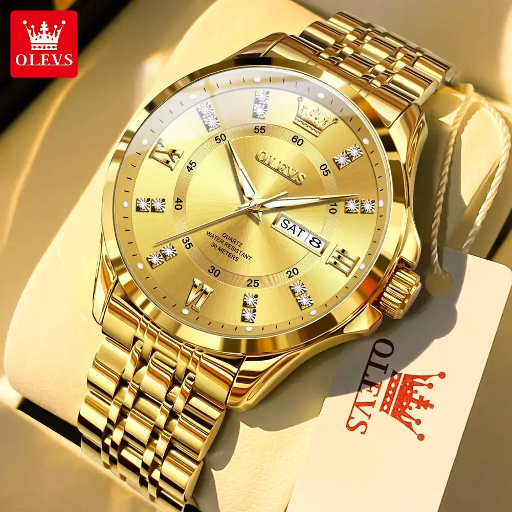 OLEVS 3620 gold luxury men's quartz watch with stainless steel bracelet, calendar, 30m water resistant