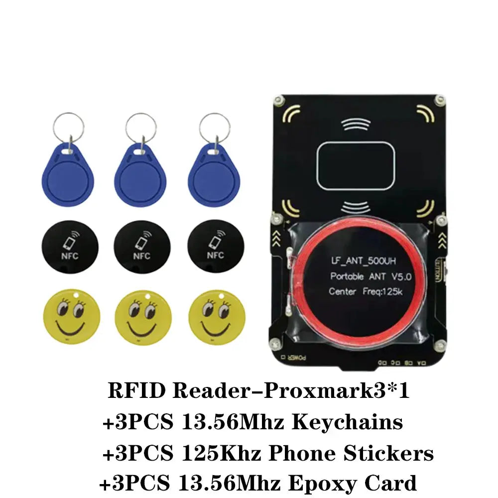 Proxmark3 RFID reader kit with 3 blue key fobs, 3 black NFC tags, and 3 yellow smiley discs