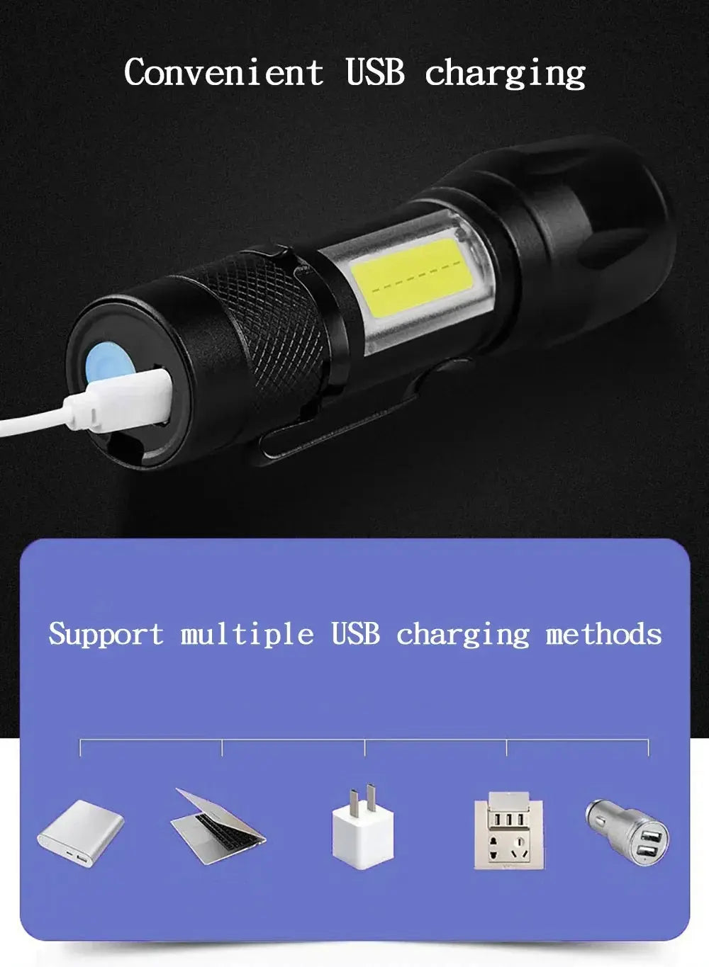 Simples Market USB rechargeable LED flashlight, 1000LM, waterproof, zoomable outdoor torch.
